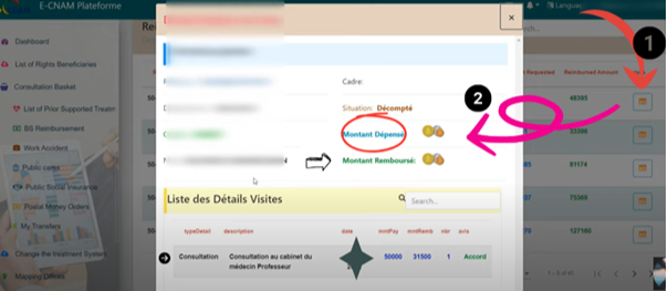 Capture d'écran du panier de consultations sur e-CNAM, affichant les étapes pour suivre l'avancement de votre dossier et vérifier le remboursement.