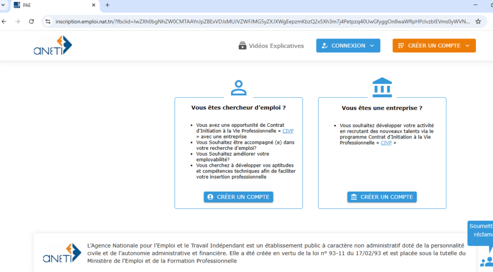 Page d’inscription de l’ANETI avec l’option 'Créer un compte' pour les chercheurs d’emploi
