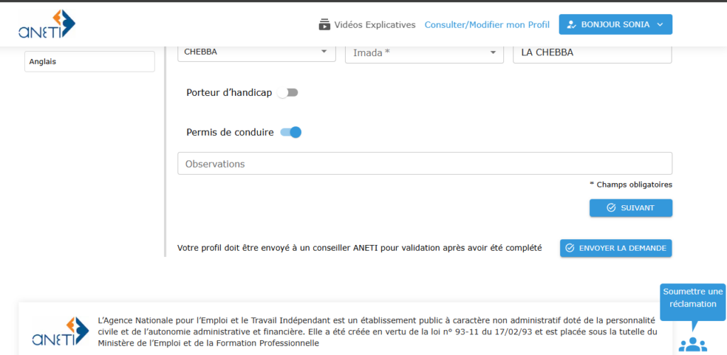 Complétion du profil ANETI et envoi de la demande pour validation par un conseiller