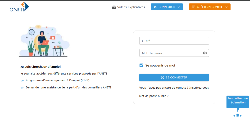 Connexion à l’espace personnel ANETI avec CIN et mot de passe.