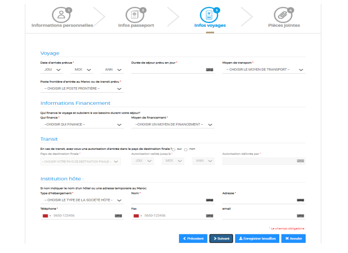 Formulaire en ligne sur acces-maroc.ma pour ajouter les informations de voyage nécessaires à la demande d’AEVM.