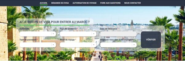 "Page du site acces-maroc.ma affichant le formulaire d’éligibilité à l’AEVM avec les champs nationalité, type de passeport, pays de résidence et motif du voyage